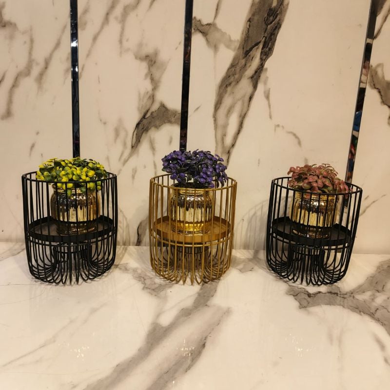 Cage Design Pot Holder With Plant Small