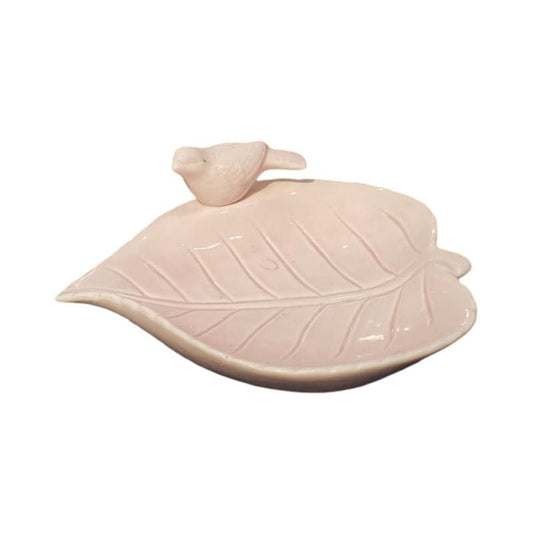 Ceramic leaf tray with a perching bird