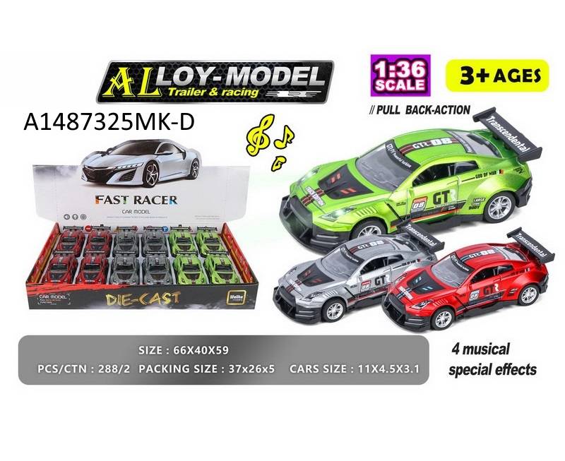 1:36 P/B  Alloy  Car,W/Light&Music,12Pcs